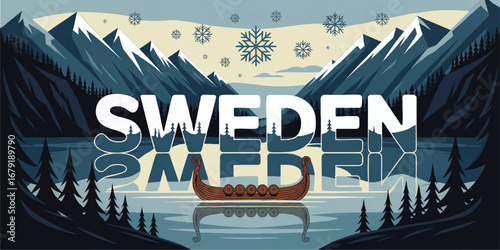 Sweden Winter Landscape Illustration with Viking Ship, Snowy Mountains, Pine Trees, and Snowflakes Reflected on Lake