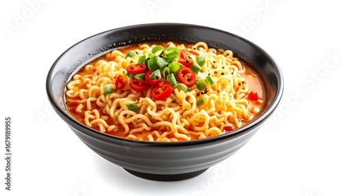 Spicy instant noodles in a black bowl