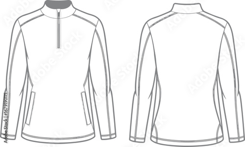 Vector flat technical drawing of long sleeve half-zip jacket, sporty design, side pockets, casual activewear, modern style, comfortable, unisex outerwear illustration