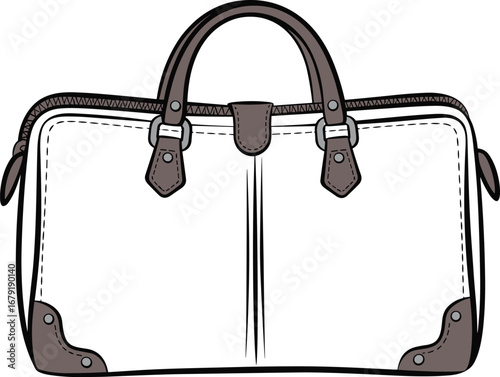 Vector flat technical drawing of leather duffle bag, zipper closure, brown handles, reinforced corners, travel accessory, fashion cad illustration