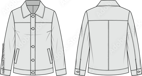 CAD drawing, flat vector illustration, fashion technical sketch, front and back view, casual jacket design, unisex outerwear clothing template