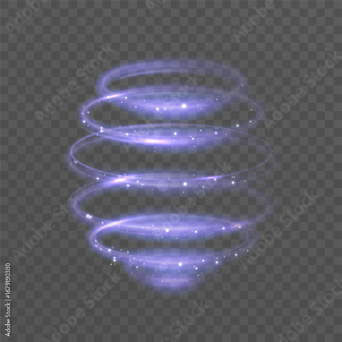 Purple glowing spiral with shimmering particles and shining rings on a dark background. Adapter for magic spells and game interfaces.