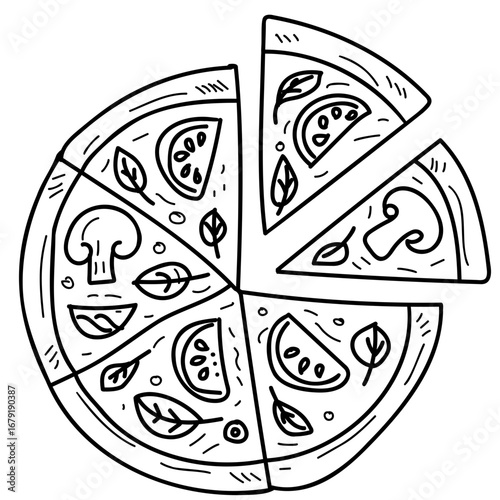 Hand-drawn Vegetarian Pizza Slice with Mushrooms and Vegetables for Delicious Meals