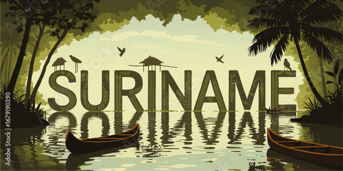 Suriname Nature Landscape Illustration with Amazon Rainforest, River Canoes, Tropical Birds, and Jungle Reflections