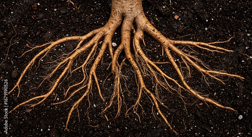 Tree Roots Growing in Dark Soil.