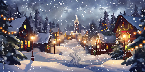 Snowy Village Street at Christmas