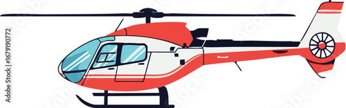 Illustration of a red and white helicopter with black accents on a white background side view