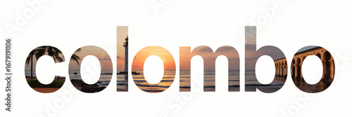 Colombo Sri Lanka City Text with Scenic Beach Sunset, Lighthouse, Palm Trees, Colonial Architecture – Creative Travel Typography Art