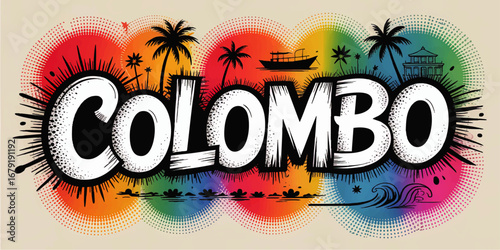 Colombo Sri Lanka Pop Art Typography with Colorful Tropical Palm Trees, Boat, Ocean Waves, and Iconic Skyline Illustration