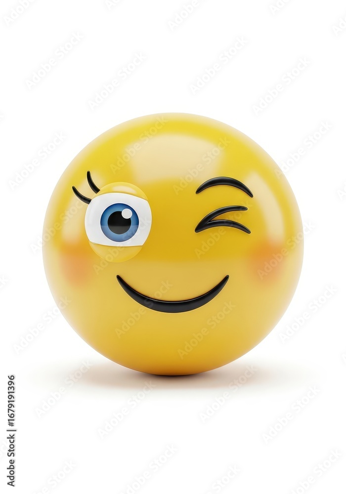 Fototapeta premium A 3D rendered yellow emoji winks. The spherical face features a smiling mouth, rosy cheeks, and a single eye, set against white