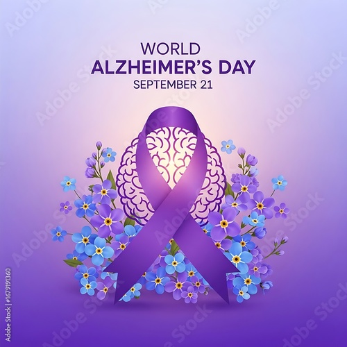 World alzheimer s day awareness symbol with purple ribbon and forget me not flowers