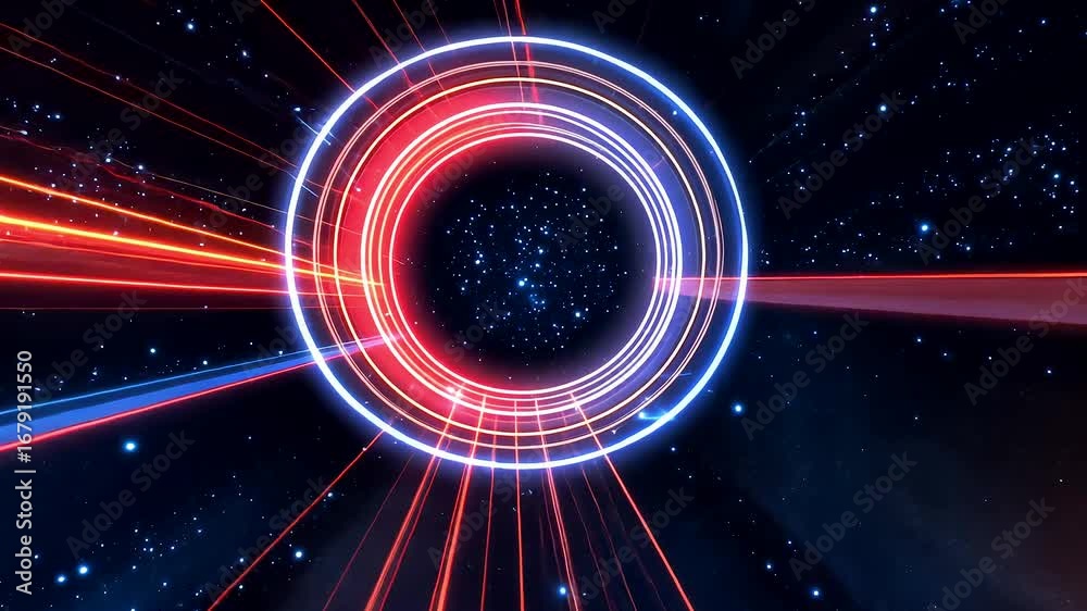 Futuristic abstract circular neon rings with glowing red and blue light beams in cosmic outer space background