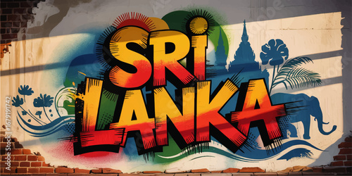 Vibrant Sri Lanka Street Art Mural with Tropical Elements, Elephants, Temple Silhouette, and Colorful Graffiti on Urban Brick Wall