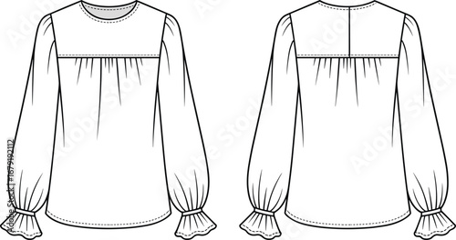 Vector flat technical drawing of women's blouse with puff sleeves, ruffled cuffs, gathered yoke, casual elegant style, fashion design