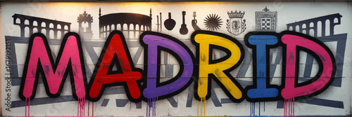 Colorful Madrid Street Art Mural with Graffiti Typography and Iconic City Landmarks in Urban Style