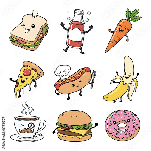 A cheerful collection of cartoon food characters, featuring a chef hot dog, pizza, hamburger, donut, and healthy snacks like a carrot and banana. Perfect for playful food themes.