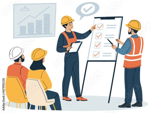 “Construction Safety Training Illustration – Workplace Safety, Engineering Team Meeting, Occupational Health Checklist in Flat Vector Style”