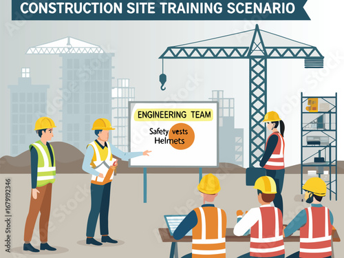“Construction Safety Training Illustration – Workplace Safety, Engineering Team Meeting, Occupational Health Checklist in Flat Vector Style”