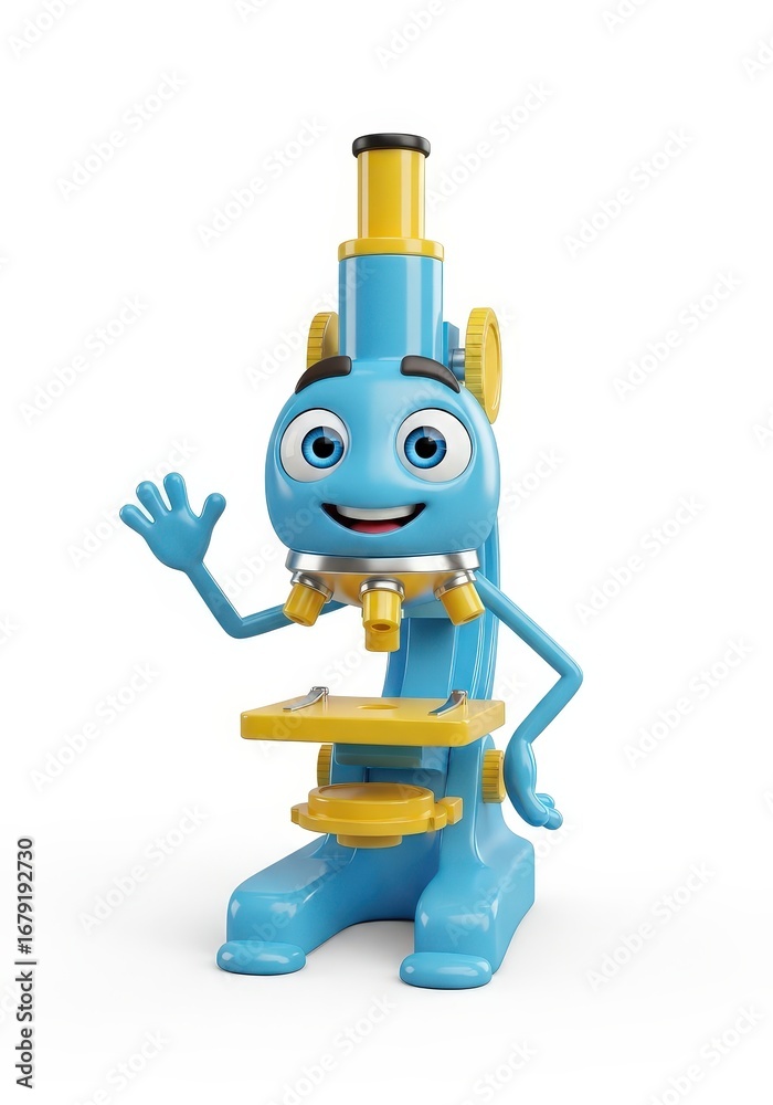 Fototapeta premium A cheerful cartoon microscope, rendered in vibrant blue and yellow, waves hello with a friendly expression. Isolated on white, it's inviting and educational