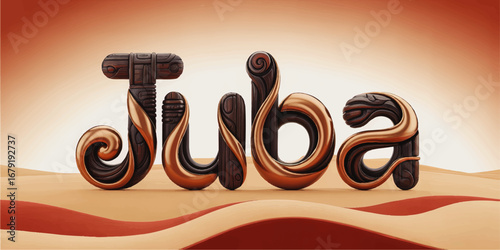 Juba Text in Artistic Tribal Wood Style with Copper Accents, Desert Landscape Background, 3D Typography Illustration