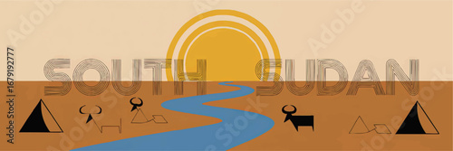 South Sudan Minimalist Vector Art with Cattle, River Nile, Tents, and Sunrise – African Landscape Illustration