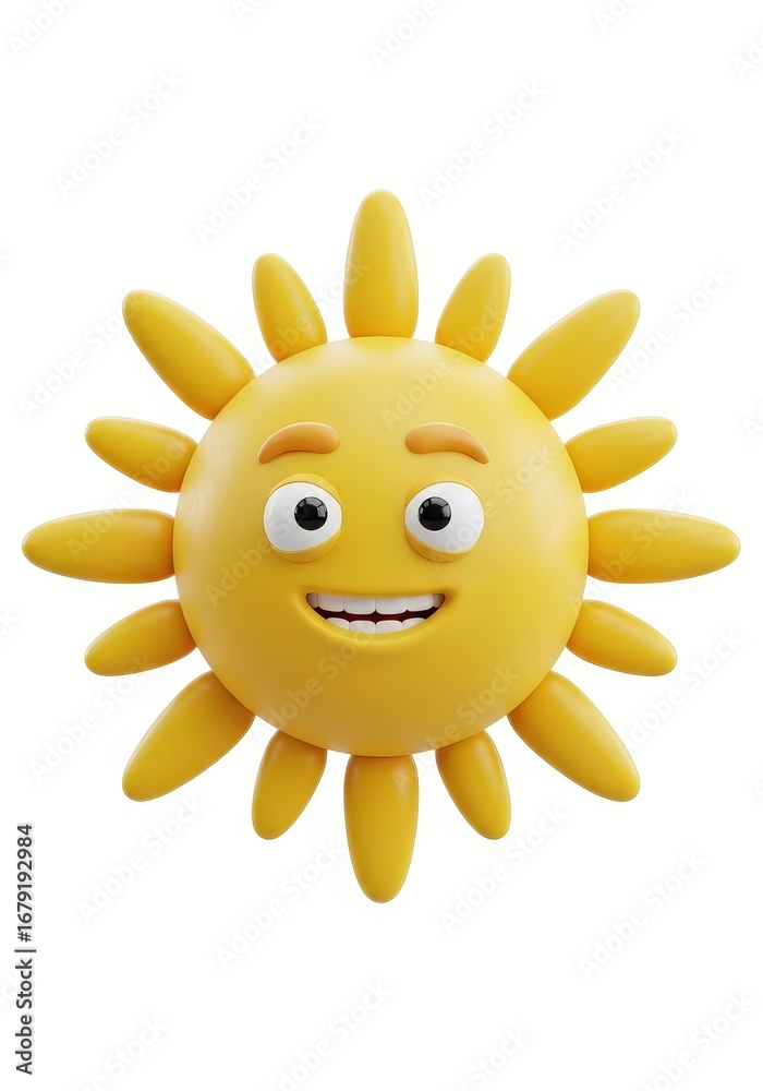 Fototapeta premium A cheerful, cartoon-style sun with a smiling face, radiating bright yellow, rendered against a clean white backdrop. 3D illustration
