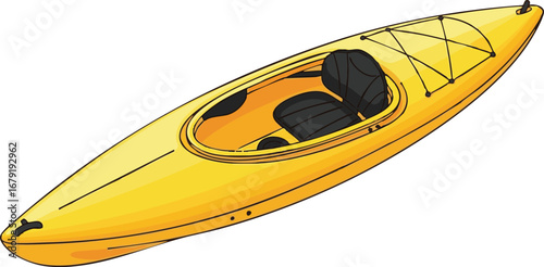 A yellow kayak with black seat and bungee cords on the deck isolated on white background