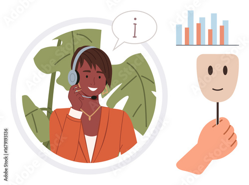 Support agent with headset speaking inside framed circle, leafy background, hand holding mask near bar chart. Ideal for communication, transparency, identity, analytics, assistance, teamwork