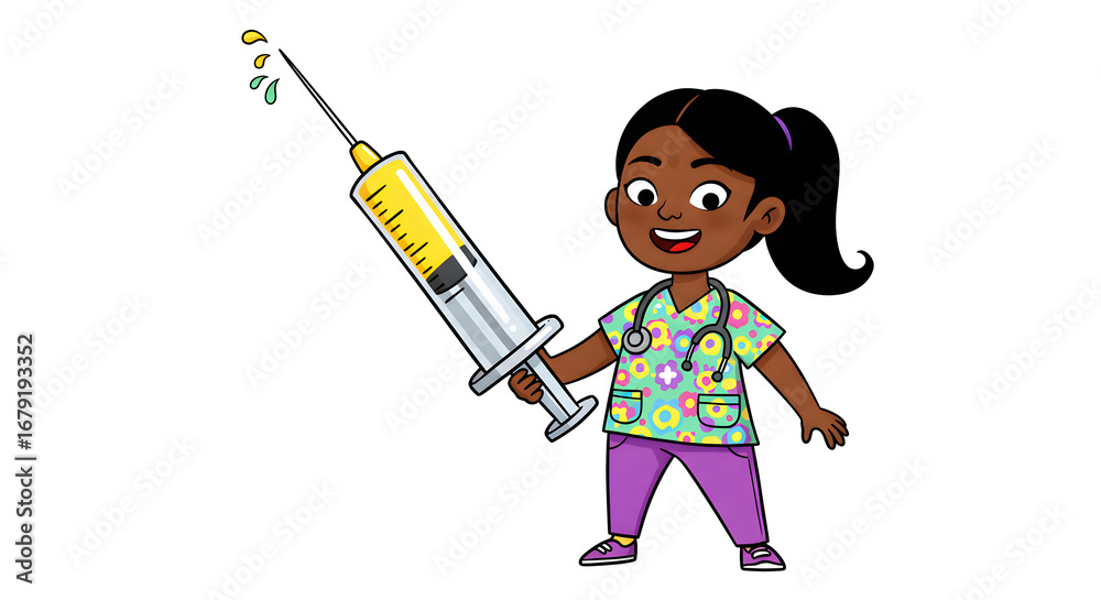 Fototapeta premium Caring Nurse with Injection: A charming illustration captures a young, smiling nurse holding a large syringe, symbolizing healthcare and vaccination in a friendly, reassuring style.