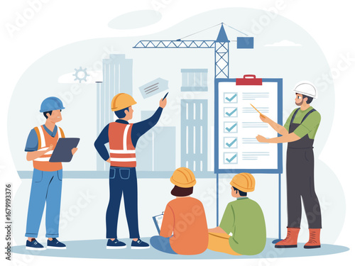 “Construction Safety Training Illustration – Workplace Safety, Engineering Team Meeting, Occupational Health Checklist in Flat Vector Style”