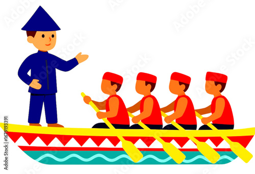 Flat Vector Illustration of Indonesian Pacu Jalur Traditional Canoe Boat Race Icon Showing Paddlers Rowing Together and Boy in Cultural Costume Standing at the Front Isolated on White
