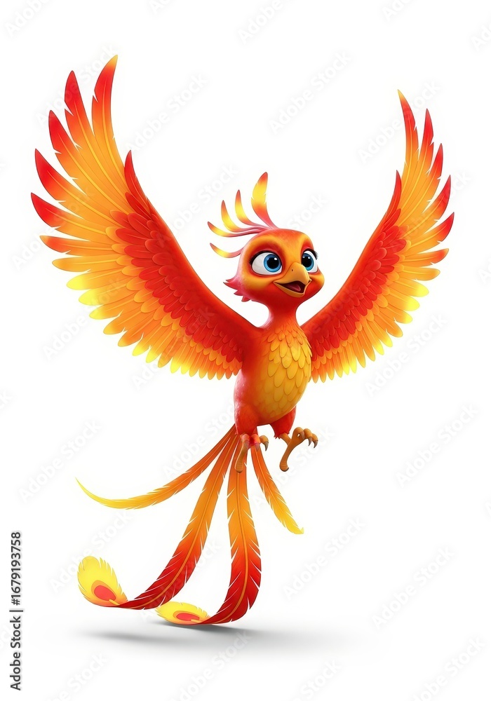 Obraz premium A joyful cartoon phoenix with vibrant orange and yellow plumage, rendered in a stylized, three-dimensional fashion. It's a cheerful bird with an open beak, ready to take flight