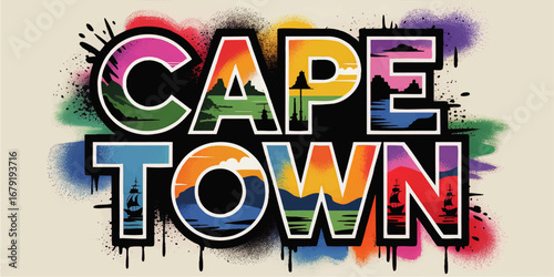 Vibrant Cape Town Typography Art with Colorful Graffiti, Table Mountain, Ocean, Ships, and Urban Street Style Illustration