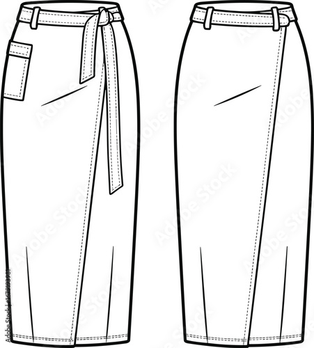 Wrap midi skirt flat sketch with belt and pocket, front and back view, CAD fashion drawing, vector illustration template