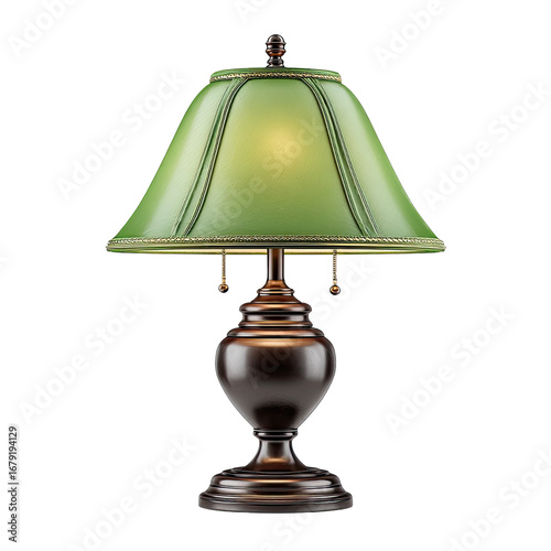 Green lamp shade with bronze base and pull chains glowing warmly