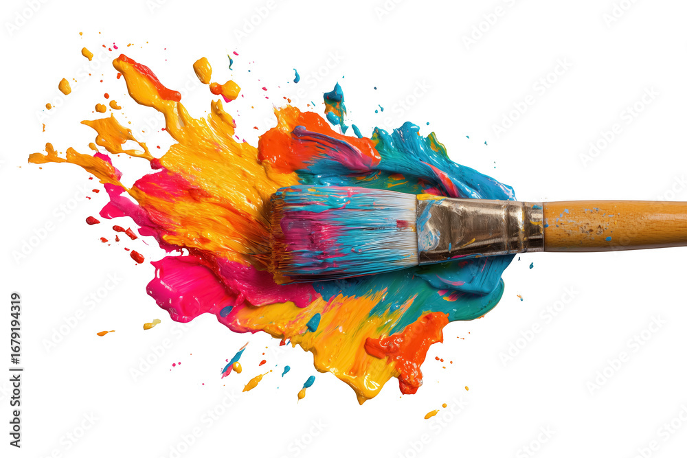 Obraz premium Paintbrush with vibrant colorful paint splash and splatter isolated on a transparent background image