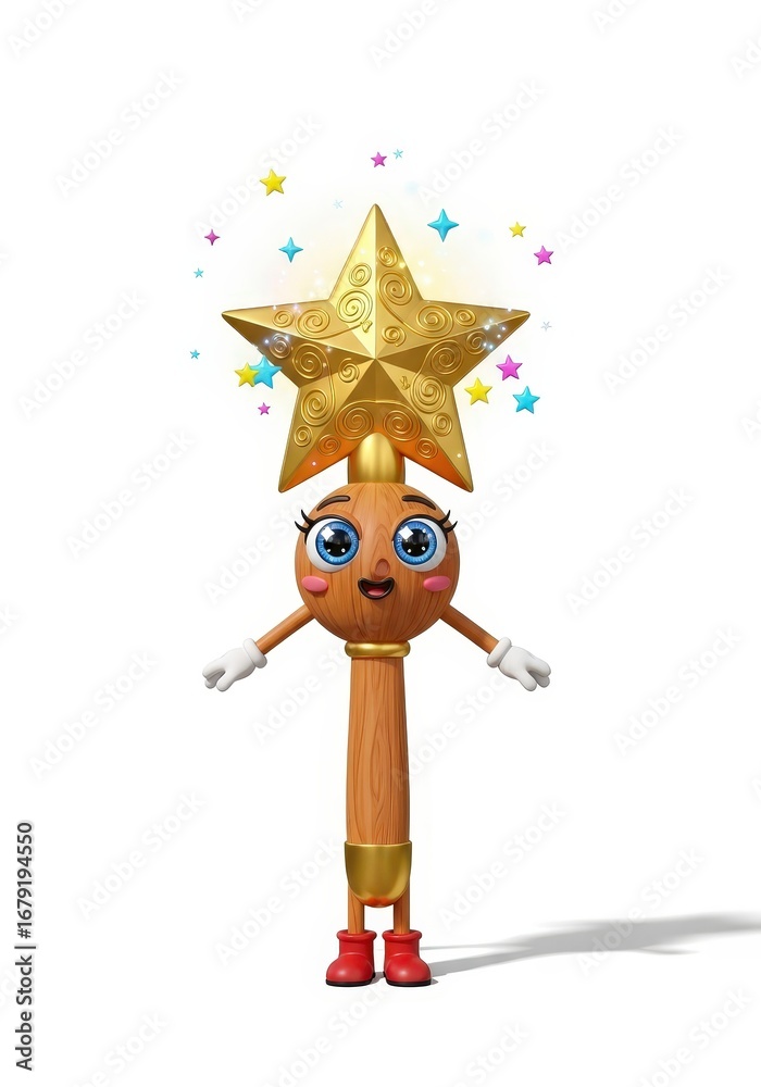 Naklejka premium A whimsical illustration of a character resembling a wand with a star head, surrounded by colorful stars