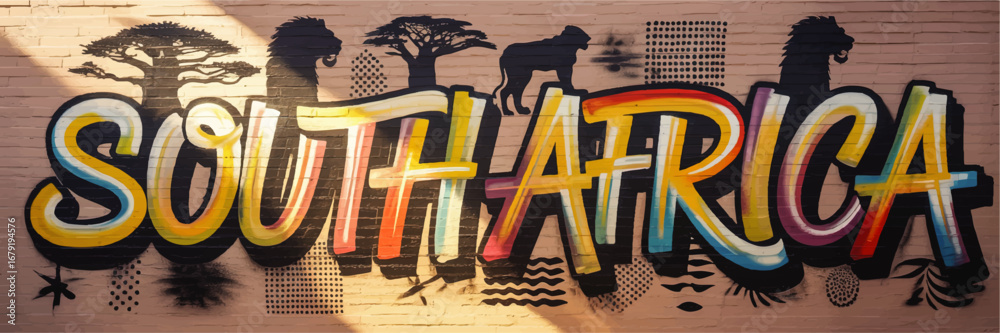 Fototapeta premium Vibrant South Africa Street Art Mural With Wildlife Silhouettes and Baobab Trees on Brick Wall, Urban African Culture
