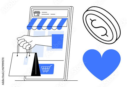 Hand holding shopping bags through mobile storefront, coin with dollar sign, heart icon. Ideal for e-commerce, online payment, digital marketing, shopping, business growth, sales simple landing page