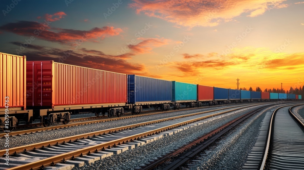 Fototapeta premium Loading freight containers onto railway wagons at sunset industrial transport scene outdoor setting wide angle view for seo impact