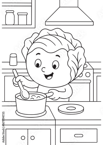 coloring book page of a cabbage cooking in the kitchen with a happy smile.