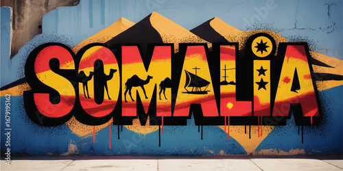 Vibrant Somalia Graffiti Mural with Camels, Traditional Boat, and Desert Scenery on Urban Wall – African Street Art Illustration