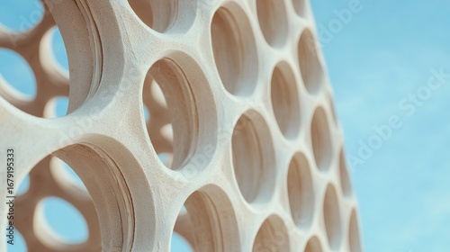 A modern architectural structure featuring a series of circular cutouts against a blue sky, highlighting geometric design and material texture.