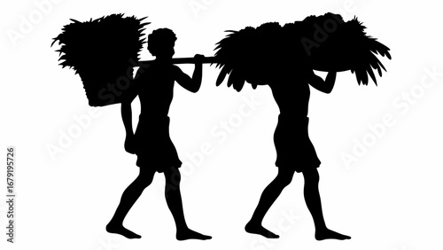 Silhouette of two men carrying heavy loads on their shoulders using a pole in a rural setting scenery