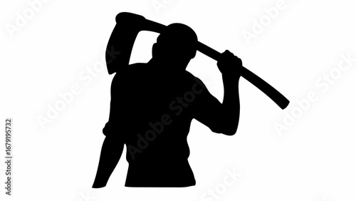 Silhouette of a person holding a tool over their shoulder, possibly preparing to swing it down with force