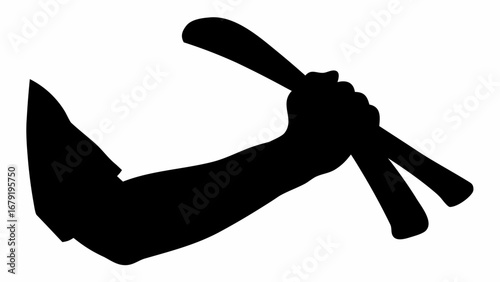 Silhouette of an arm holding two batons in a fist against a white background in a graphic depiction