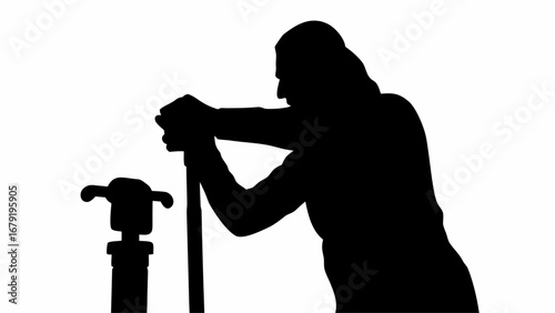 Silhouette of person leaning on a vertical pole next to a small machine in black and white style