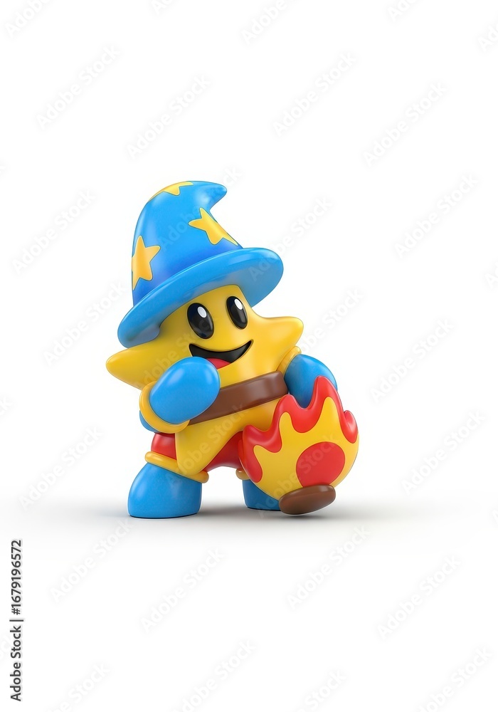 Fototapeta premium Star wizard figure with a pointed hat stands beside a fiery ball, isolated on a white background, cute and vibrant