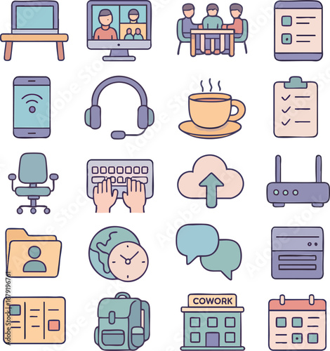 Remote work and digital nomad vector icons, online meeting, freelance, home office, coworking, video call, laptop, cloud storage EPS