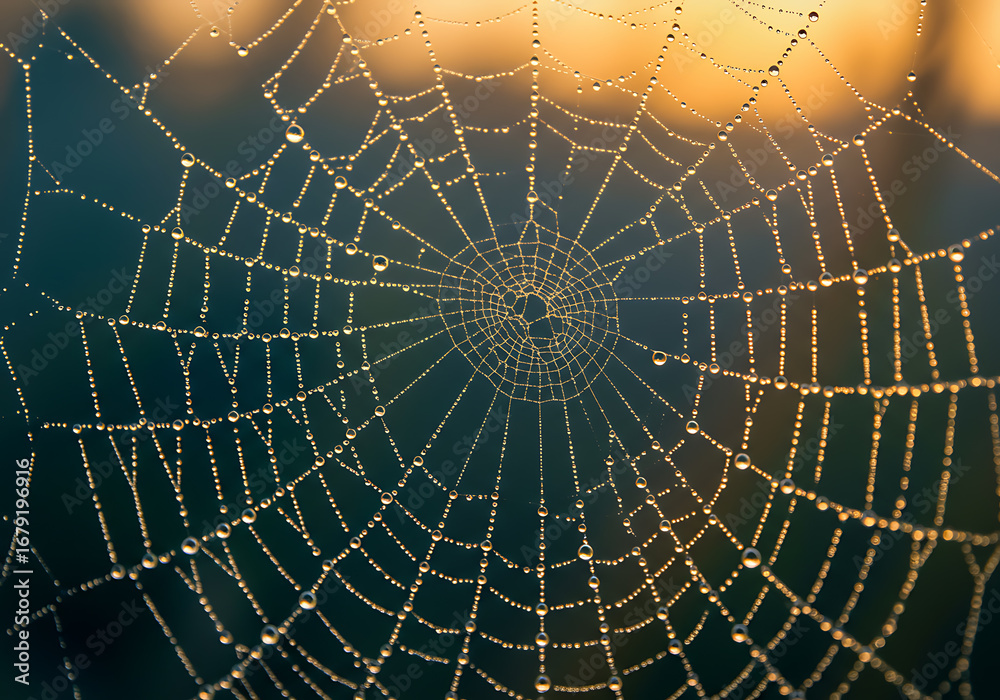 Obraz premium Close-up of a spiderweb covered in dewdrops, glistening against a blurred background of green and gold.